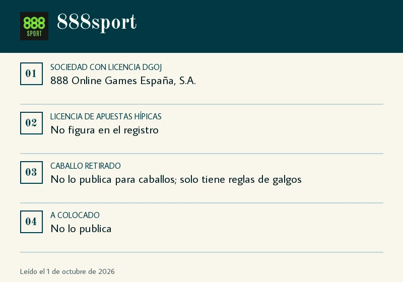 Ficha de 888sport: licencia hípica, no corredores y colocado