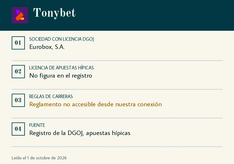 Ficha de Tonybet: licencia hípica, no corredores y colocado