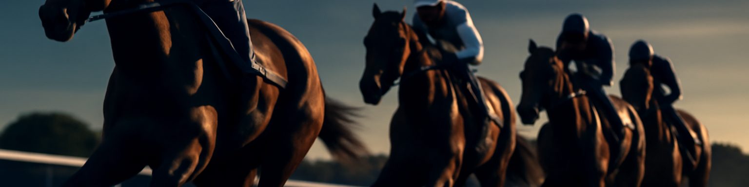Caballos de carreras al galope en la recta de un hipódromo al atardecer, imagen de esta comparativa de casas de apuestas de caballos